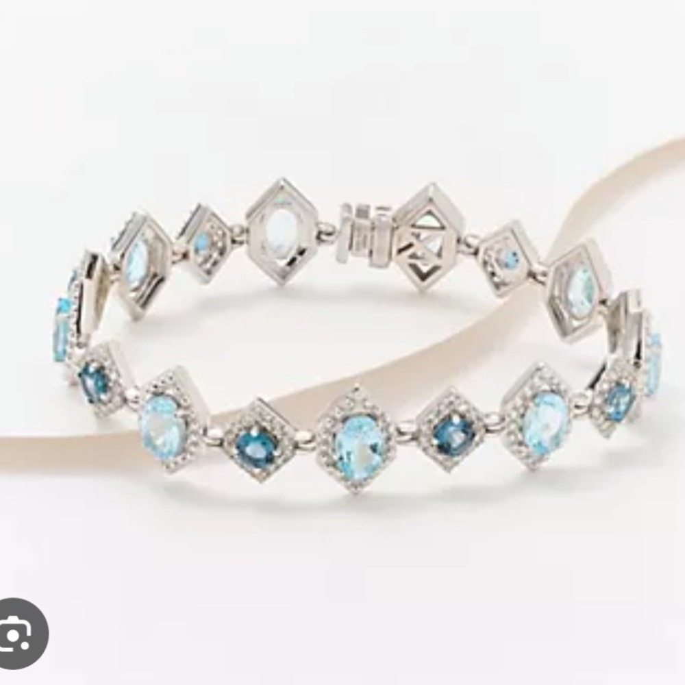 Affinity Gems SkyBlue London Topaz White Zircon 10.5CW 8in SS Bracelet Large NEW